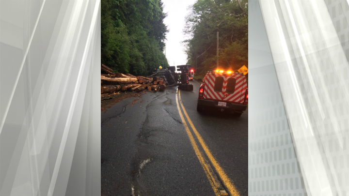 Logging truck rollover near Sooke causes Highway 14 closure