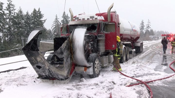 Lantzville firefighters extinguish propane tanker truck fire during winter storm