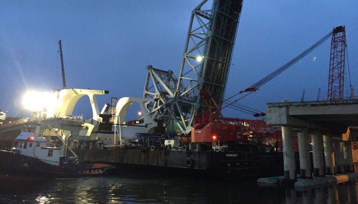 The Dynamic Beast crane is back in Victoria to install the deck span for the new Johnson Street Bridge this weekend.