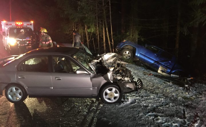 The male driver of an Acura that hit two parked vehicles in Shawnigan Lake was taken to hospital with non-life threatening injuries.