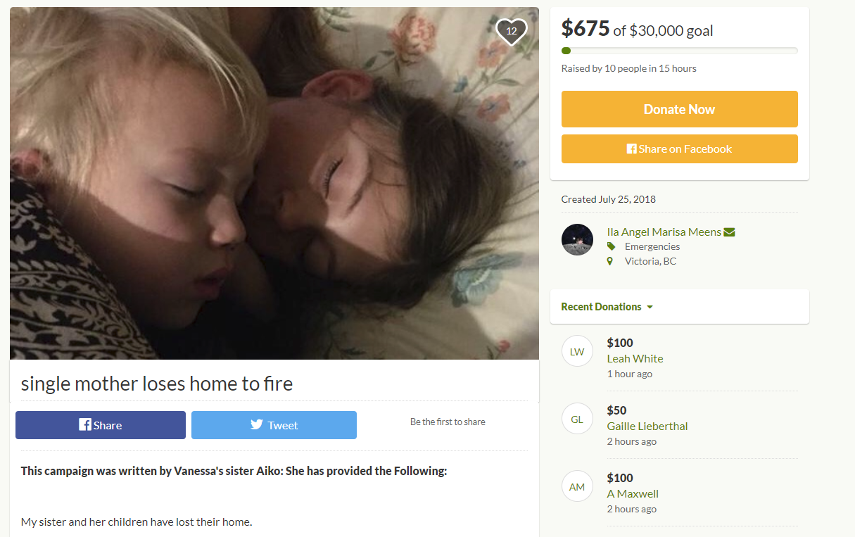 A GoFundMe page has been set up for the single mother whose home went up in flames yesterday morning on Mudge Island, in hopes of getting her back on her feet.