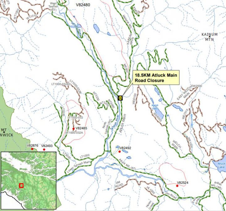 Part of Atluck Main Road closed due to wildfire near Tahish Lake