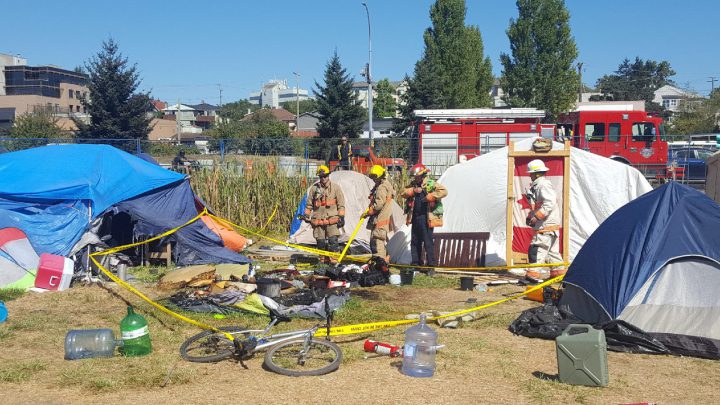 A tent was destroyed after a fire started at Saanich's tent ciy on Sunday (Photo: Marilou Gagnon Twitter: @mlgagnon_XVII )