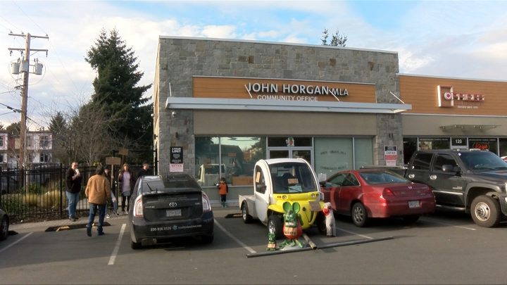 Pipeline protesters gather outside John Horgan's constituency office