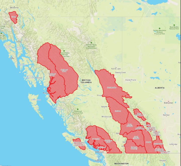 The regions under an Avalanche Warning. (Avalanche Canada).