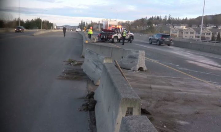 Officials have cleared the scene of a three-vehicle collision that saw a piece of the Pat Bay concrete median pushed out. The incident happened on the Pat Bay Highway at the McKenzie Avenue overpass just after 6:30 a.m.