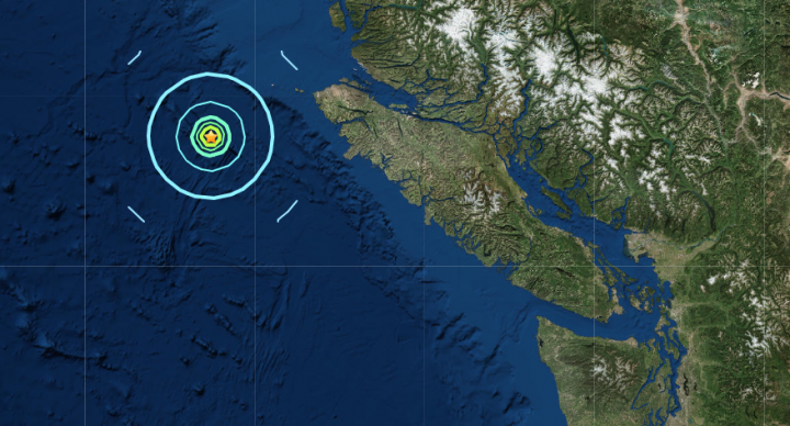 The location of a magnitude-5.4 earthquake off Vancouver Island Monday (Photo: USGS)