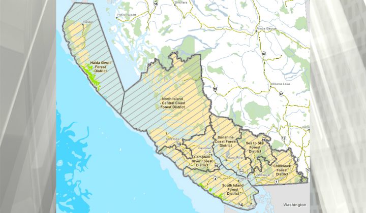 Map shows the Coastal Fire Centre jurisdiction. Category two open burns will be prohibited effective Thursday at noon. Photo courtesy BC Wildfire Service.