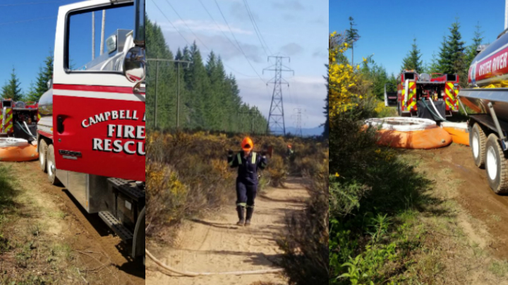 Crews at the site of the Argonaut Mainline wildfire near Campbell River. (Campbell River Fire)