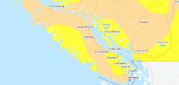 A drought map published by Agriculture Canada on April 30 showed abnormally dry conditions on parts of Vancouver Island. (Agriculture Canada)