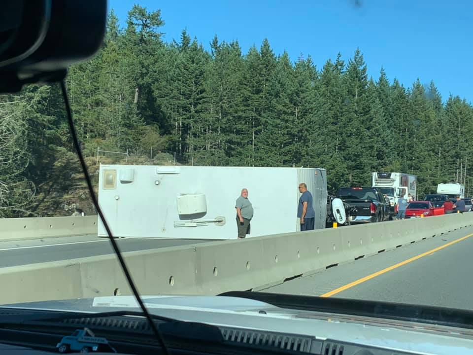 Southbound lanes reopen near the Malahat Summit after travel trailer flips over