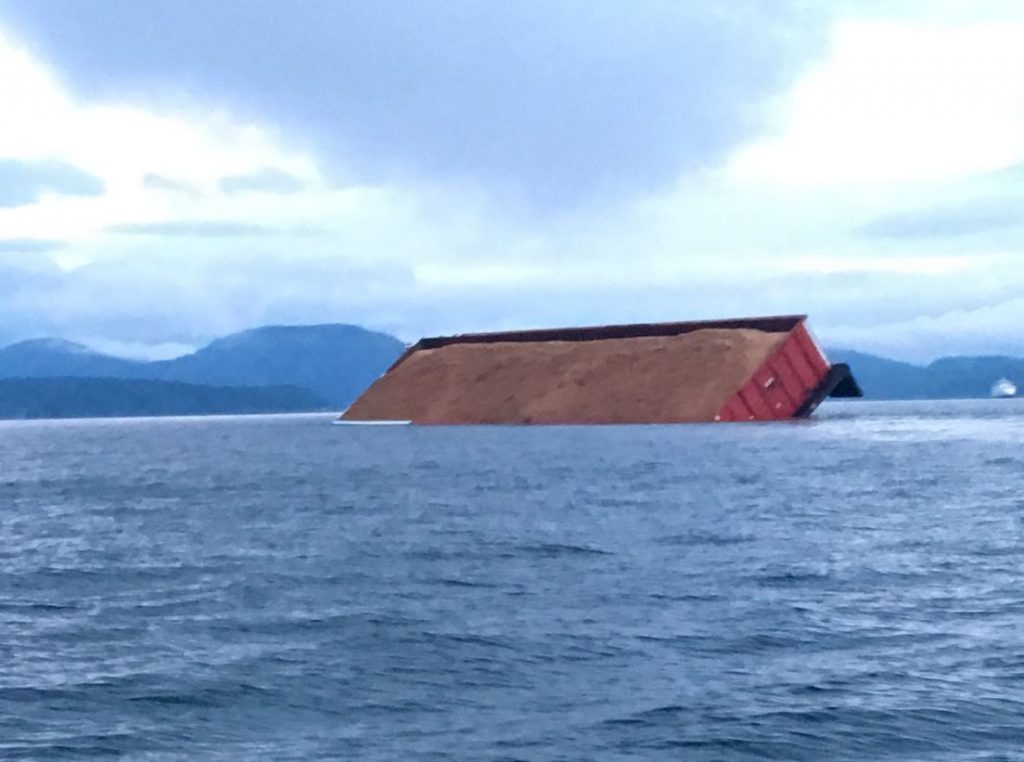 Seaspan barge tips and dumps part of its load of woodchips in Haro Strait