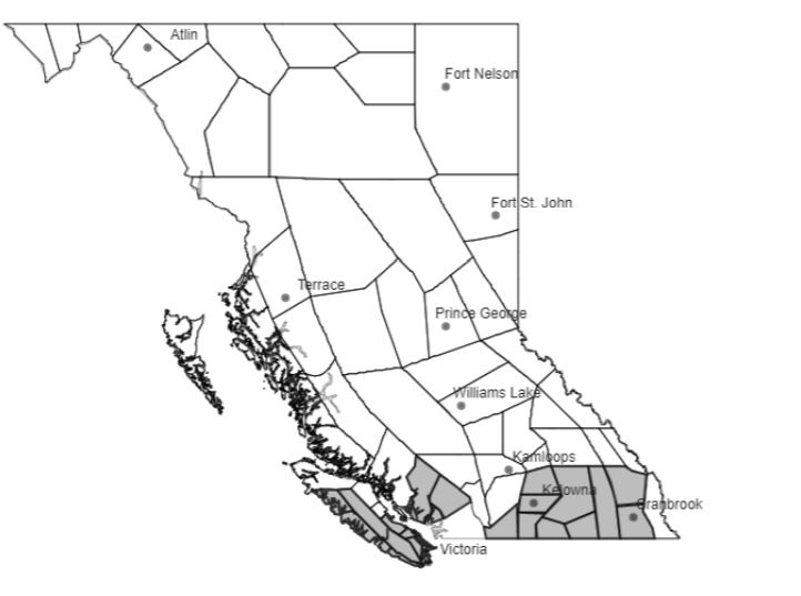 The regions under a Smoky Skies Bulletin as of Sept 8. (Province of BC) 