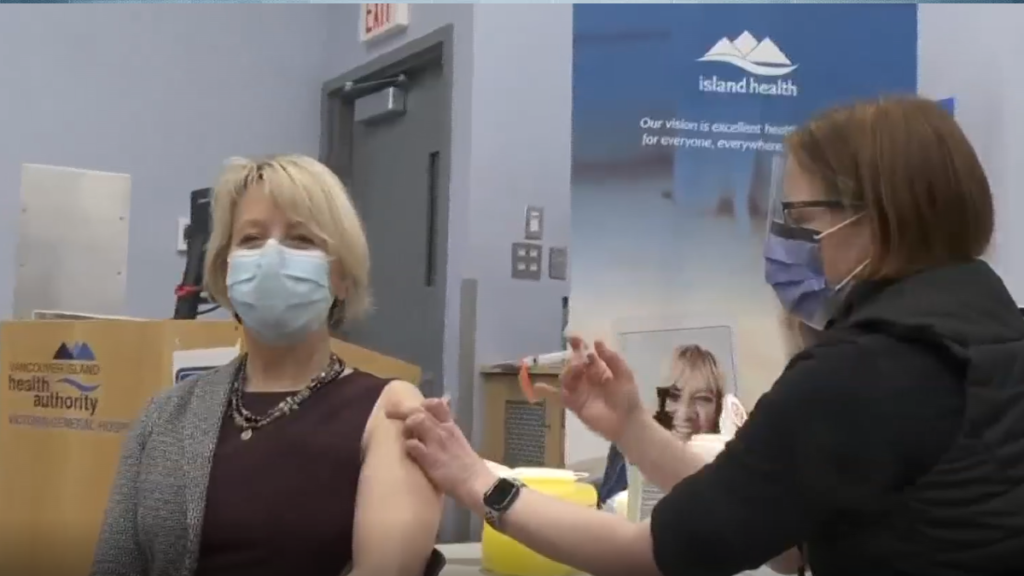 Dr. Henry, healthcare workers on Vancouver Island receive new COVID-19 vaccine