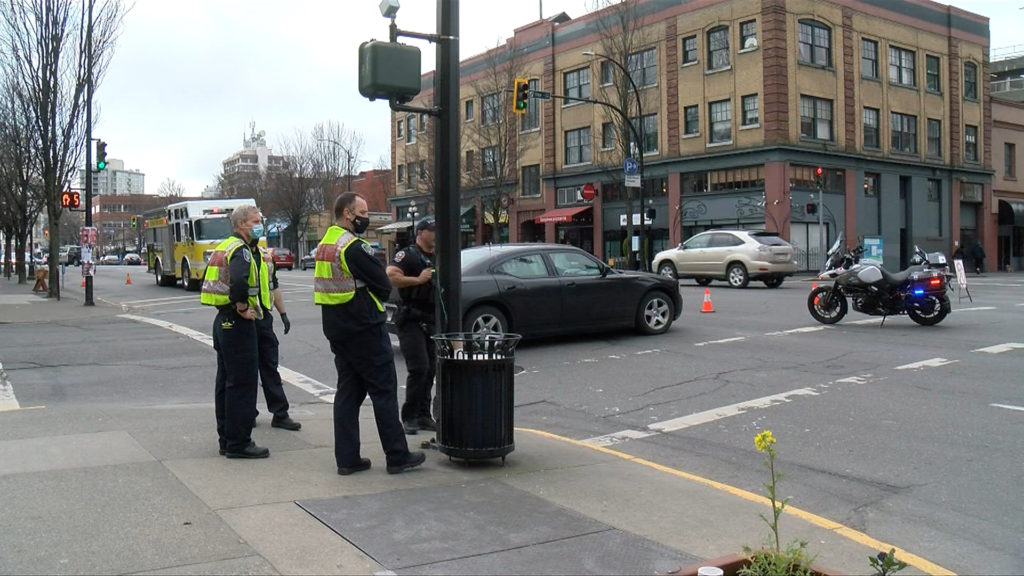 Pedestrian taken to hospital after being struck by vehicle in Victoria intersection