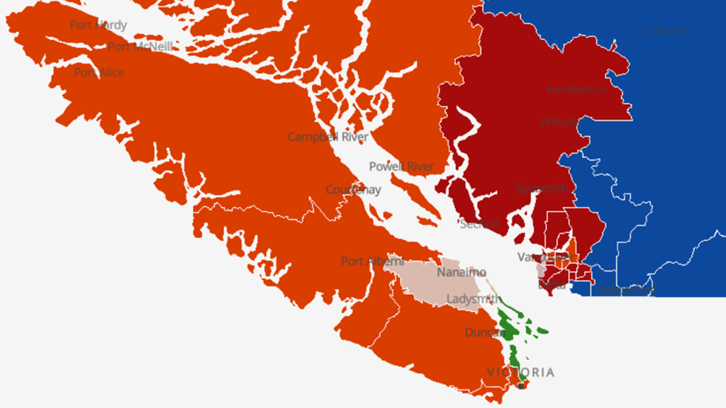 Vancouver Island stays orange with a splash of green, Nanaimo-Ladysmith too close to call