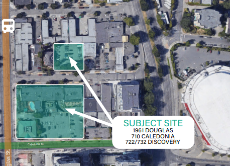 A Google satellite image which shows the lot where the mixed-use building will be developed, as well as the smaller shelter for the residents to move during construction.