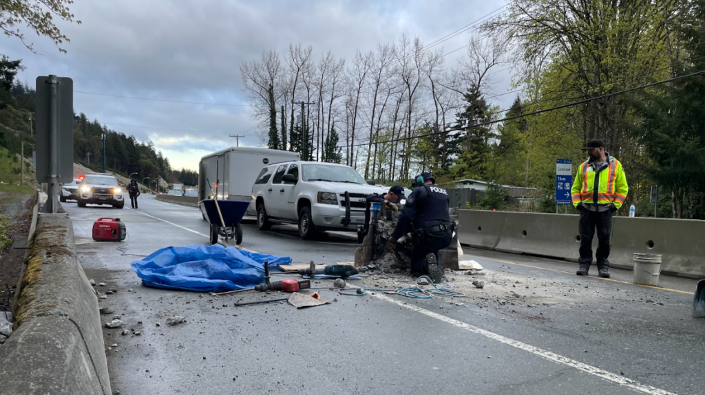 Old-growth protestors block TCH northbound traffic in Langford during afternoon commute