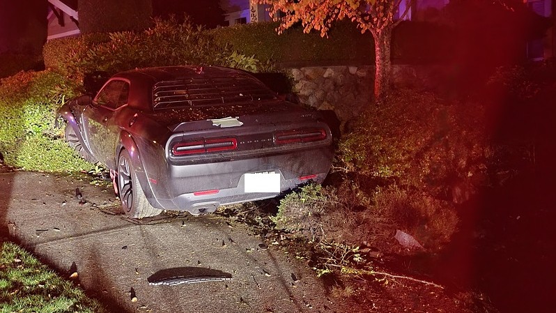 Impaired driver crashes Dodge Challenger into stone wall in Langford