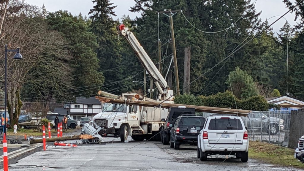 Sooke Road traffic impacted after truck brings down hydro lines, pole