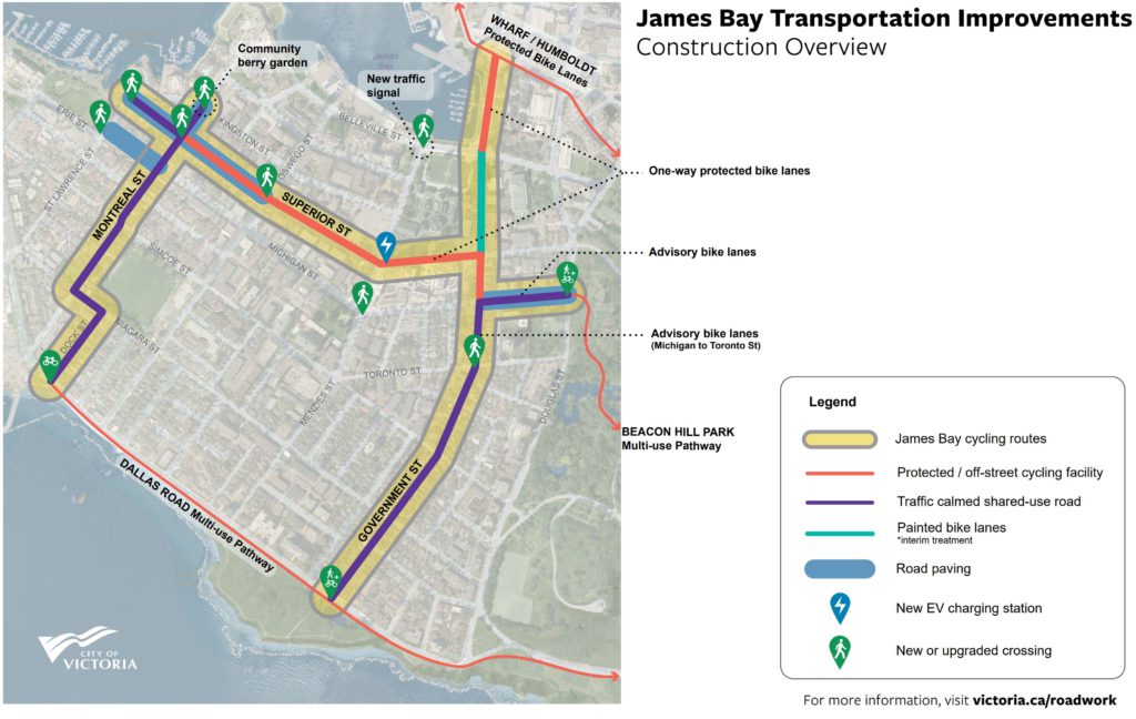 James Bay bike path construction is shown on a map