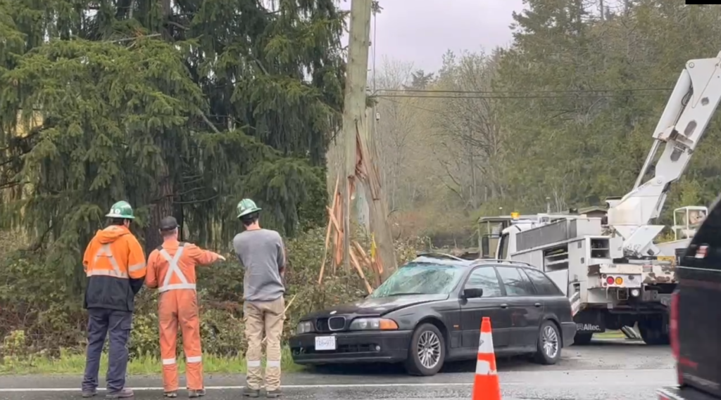 Motor vehicle incident takes out hydro pole on Highway 14 near Sooke