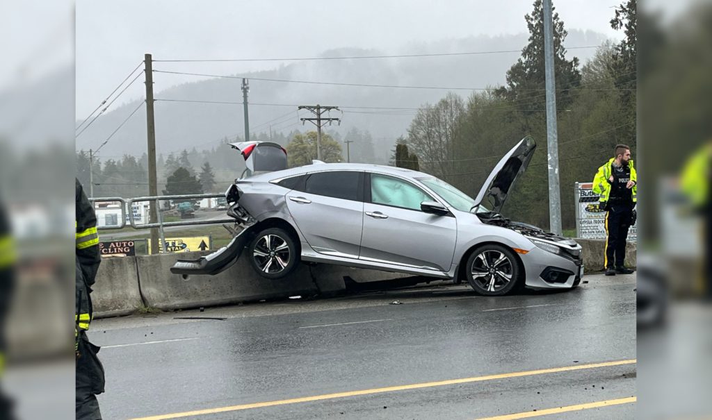 Crash near Sooke's park-and-ride puts vehicle onto road barrier