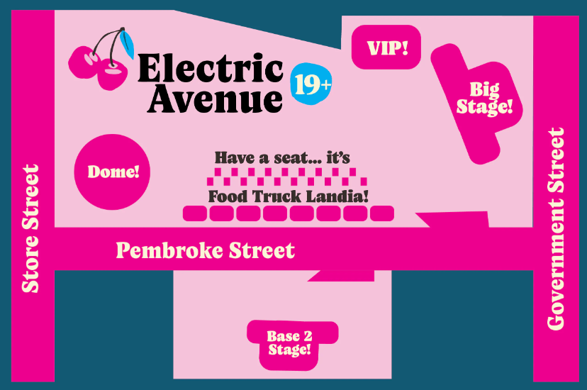 A map of the Electric Avenue venue on Pembroke Street. The north side has a dome, "food truck landia", a VIP section and the big stage. South is a base 2 stage.