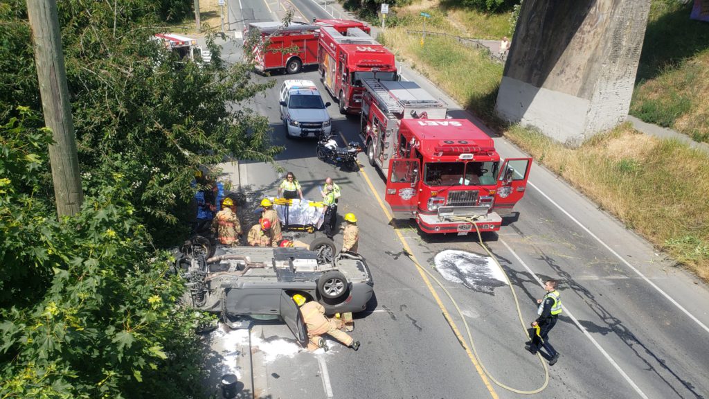 Driver on Trans-Canada Highway goes off road, flips onto Burnside Road W